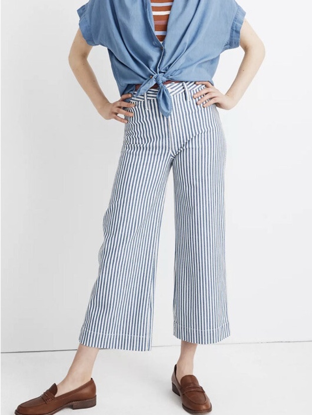 Madewell Blue and White Striped Wide-Leg Crop Pants